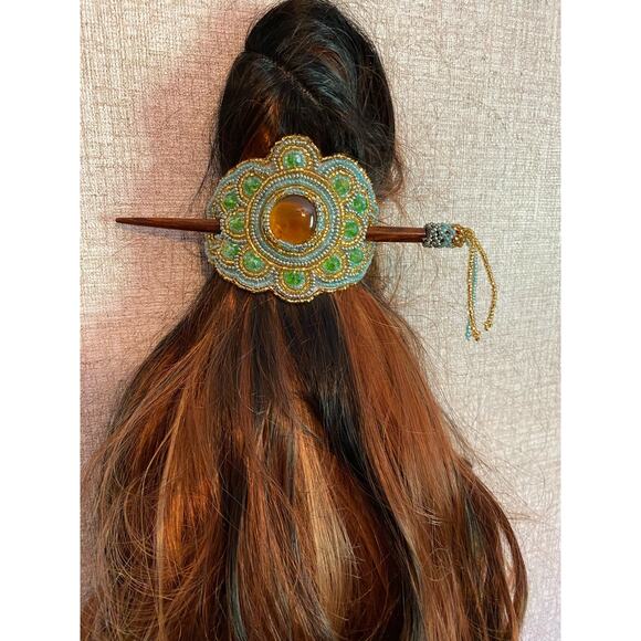 Handmade Beaded Ponytail Hair Accessory Green/Multi Tone Ponytail Beaded BoHo - Picture 2 of 6